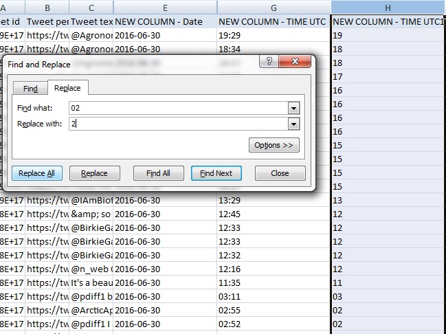 Ctrl + F to replace each hour individually from 00 - 05 with single digits