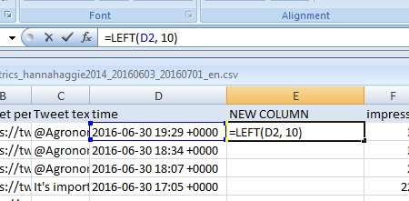 New column --> =LEFT(time cell, 10)